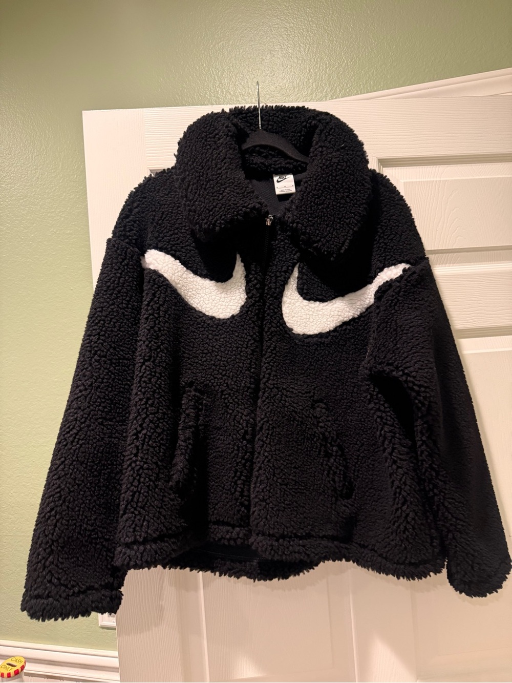 Nike Black Teddy Sherpa Jacket with White Swoosh Accents